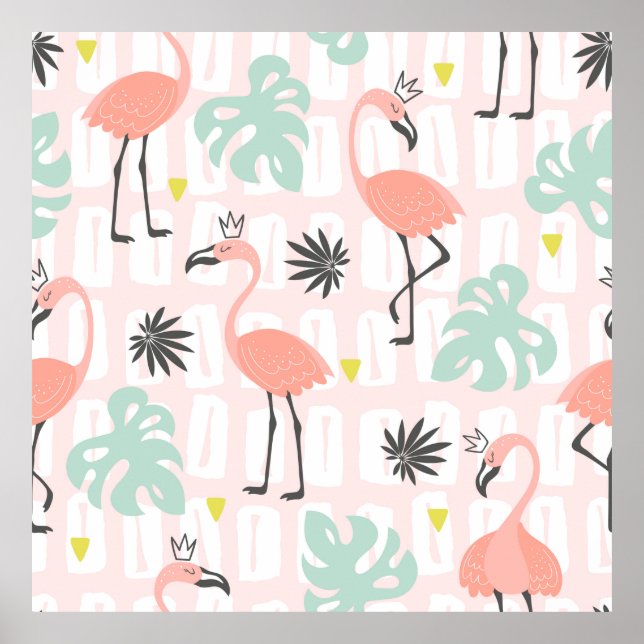 Sömlös mönster med rosa flamingos och handflatan l poster (Framsidan)