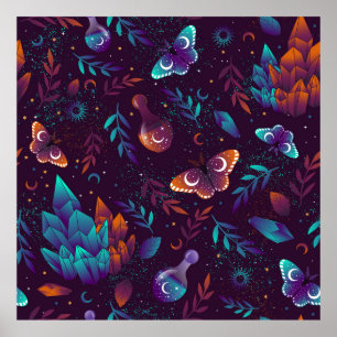 Sömlös mönster med rymdfjäril, kristaller, h poster