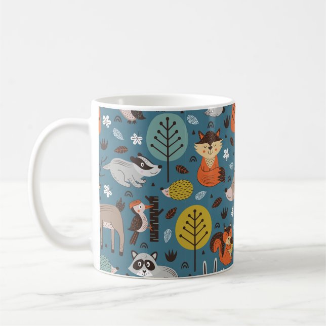 Sömlös mönster med skogsdjur på blå rygg kaffemugg (Vänster)
