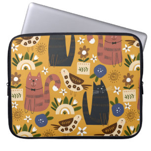 Sömlös mönster med söta katter och fåglar. handdra laptop fodral