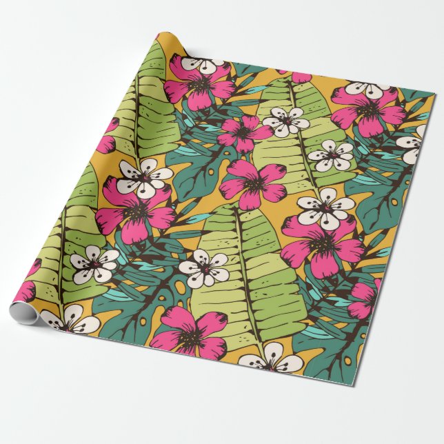 Sömlös mönster med tropiska blommor, handflatan lä presentpapper (Utrullad)