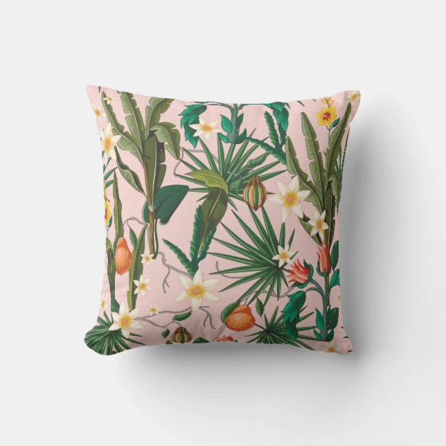 Sömlös mönster med tropiska löv, blommor och f kudde (Framsida)
