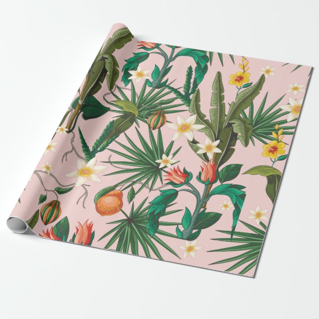 Sömlös mönster med tropiska löv, blommor och f presentpapper (Utrullad)