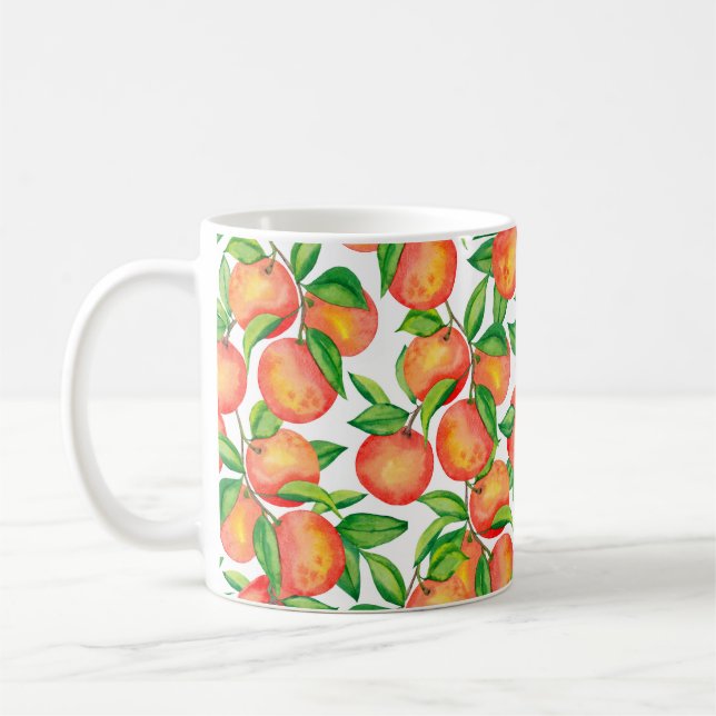 Sömlös mönster med vattenfärgad mandarinfrukt och kaffemugg (Vänster)