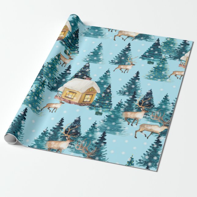 Sömlös mönster med vinterbyn i skogen presentpapper (Utrullad)