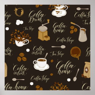Sömlös mönster på te- och kaffematod i retro poster