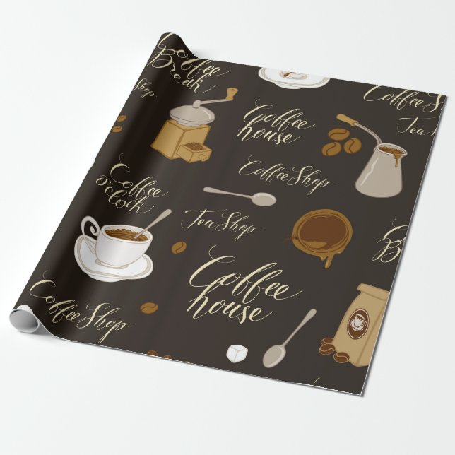 Sömlös mönster på te- och kaffematod i retro  presentpapper (Utrullad)