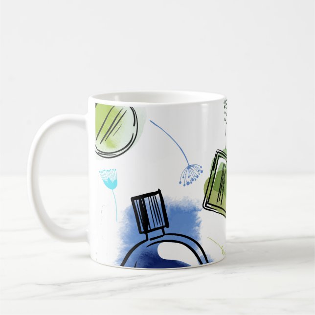 Sömlös mönster parfum flaska och vattenfärgstext kaffemugg (Vänster)