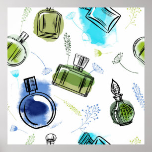 Sömlös mönster parfum flaska och vattenfärgstext poster