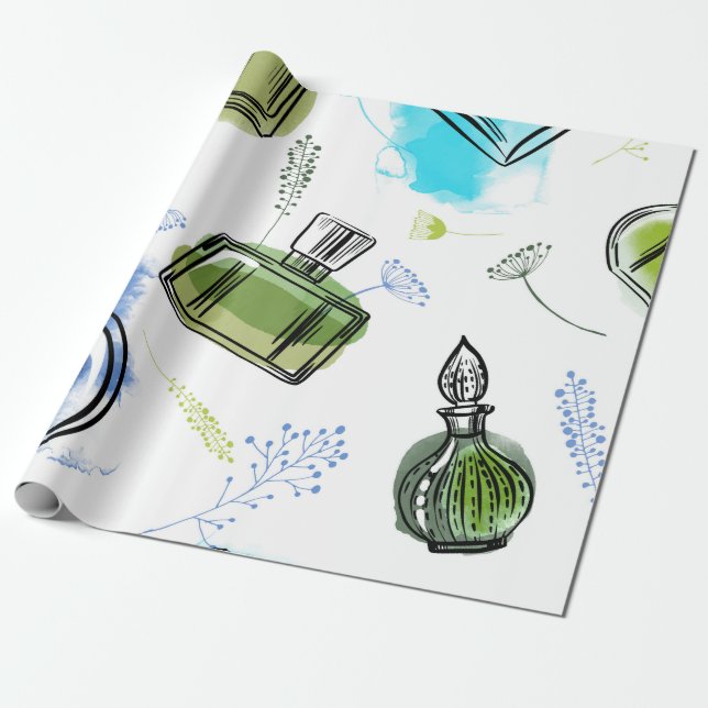 Sömlös mönster parfum flaska och vattenfärgstext presentpapper (Utrullad)