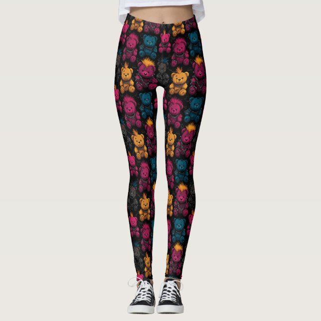 Sömlös Mönster Rebellious Punk Sten Teddies Leggings (Framsida)