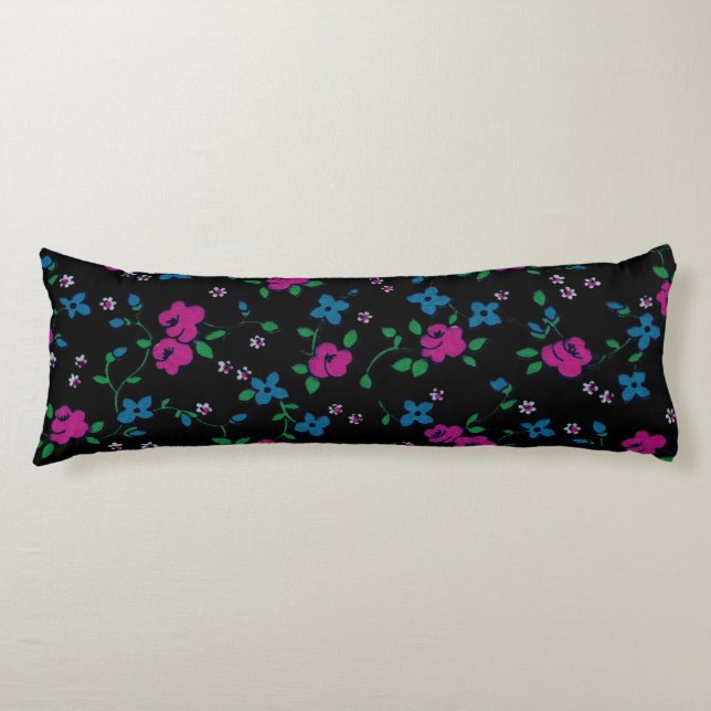 Sömlös Mönster Rosa blåa blommor, grönt löv Kroppskudde (Framsidan)