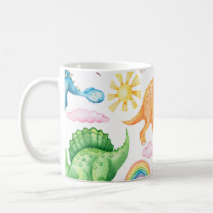 Sömlös mönster som skildrar dinosaurier i färgad, kaffemugg