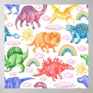 Sömlös mönster som skildrar dinosaurier i färgad, poster