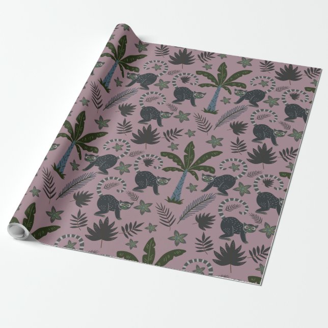 Sömlös mönster Tropical animals apkey hopping Presentpapper (Utrullad)