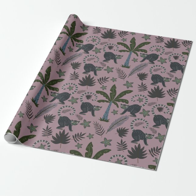 Sömlös mönster Tropical animals apkey hopping Presentpapper (Utrullad)