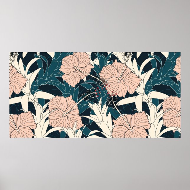 Sömlös mönster tropisk med rosa hibiscus flowe poster (Framsidan)
