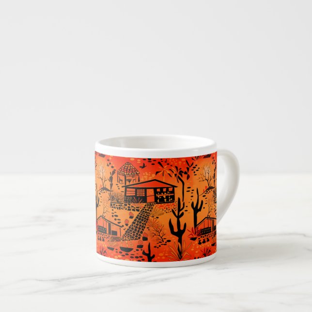 Sömlös öken sand landskap hus svart orange espressomugg (Framsida höger)