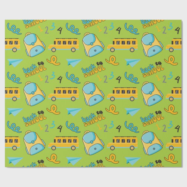 Sömlös omslagning Papper: Skolryggsäck Buss Flygpl Presentpapper (Platt)