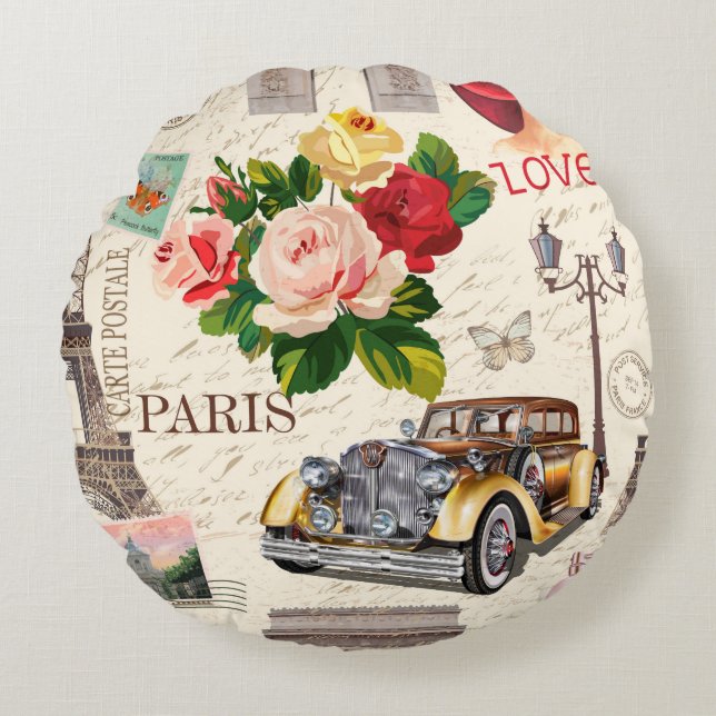 Sömlös Paris-vintagens bakgrund med retrobil.  Rund Kudde (Framsidan)