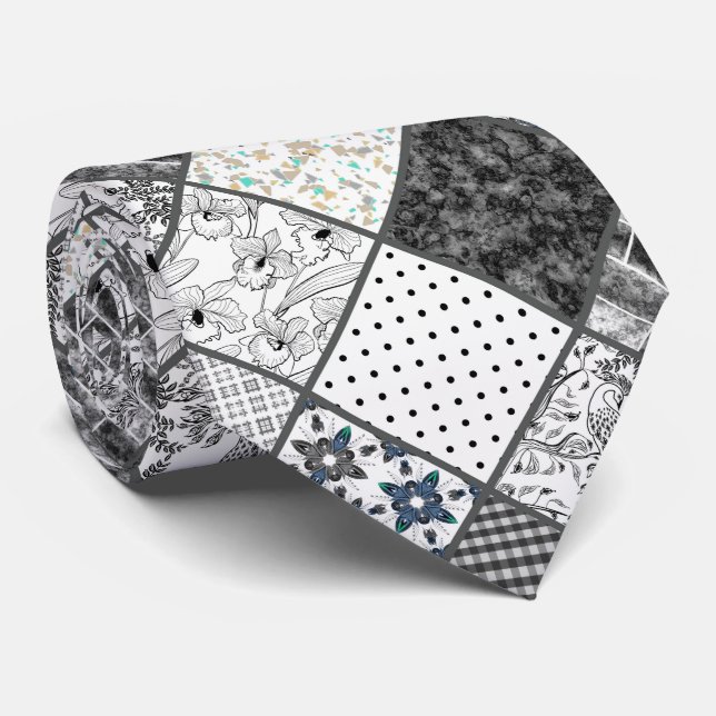 Sömlös patchwork monochrom svartvit grått- vit pat slips (Rullad)