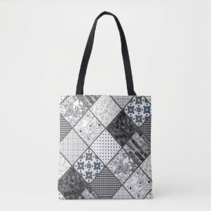 Sömlös patchwork monochrom svartvit grått- vit pat tygkasse