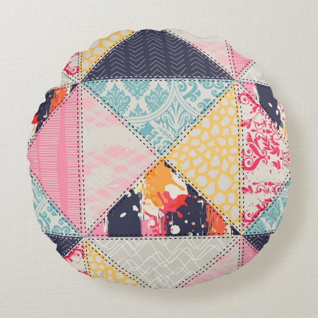 Sömlös Patchwork stil mönster.  Rund Kudde (Framsidan)