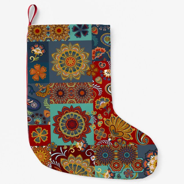 Sömlös patchworktpanel med paisley och m liten julstrumpa (Framsidan)