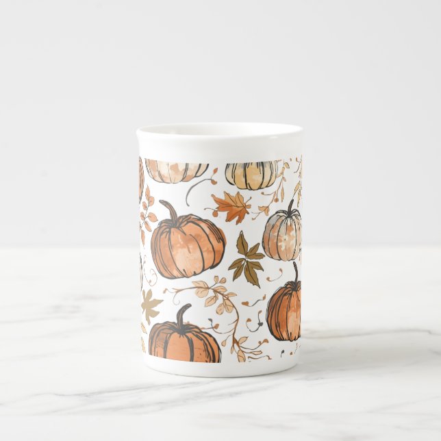 Sömlös Pumpkin Mönster Fall Design Benporslin Mugg (Framsidan)