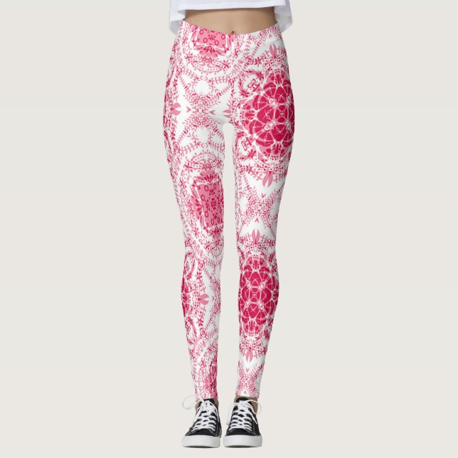 Sömlös retro-romantisk rosa vit snöre-prydnadsdjur leggings (Framsida)