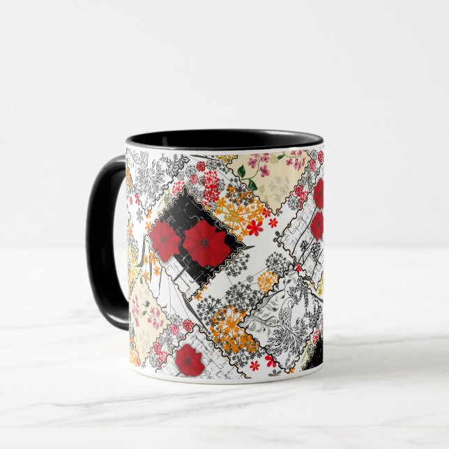 Sömlös retro vintage lapptäcke-quiltning vallmo mugg (Framsida vänster)