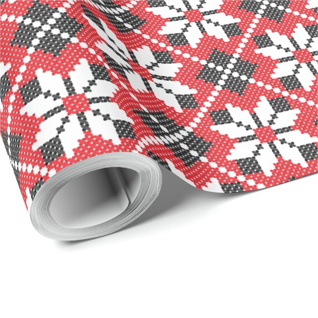 Sömlös, röd och svart, kor-sydd mönster presentpapper (Rullad Hörn)