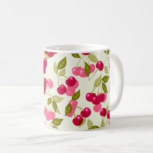 Sömlös röd seriefigur körsbärs bär söt mönster vit kaffemugg