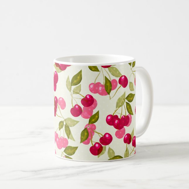 Sömlös röd seriefigur körsbärs bär söt mönster vit kaffemugg (Framsida höger)