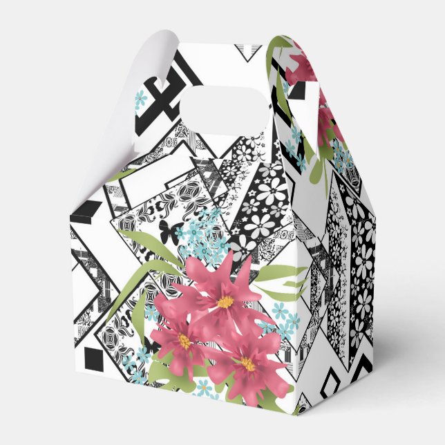 Sömlös rosa blommor blommigt svart prydnadsvit  presentaskar (Framsidan Sidan)