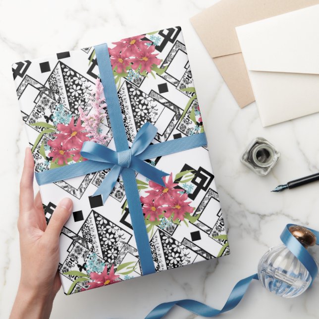Sömlös rosa blommor blommigt svart prydnadsvit  presentpapper (Gifting)