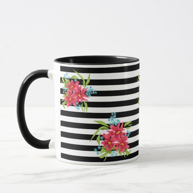 Sömlös rosa blommor blommigt svart vitt strimlat l mugg (Vänster)