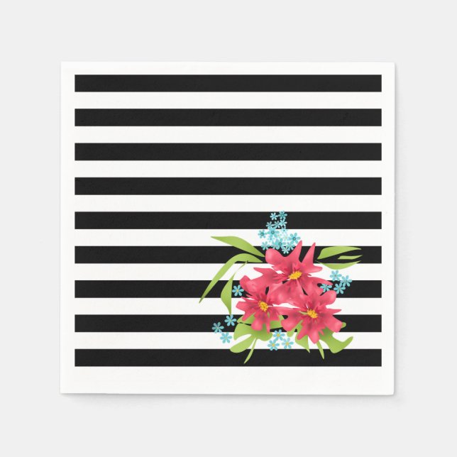 Sömlös rosa blommor blommigt svart vitt strimlat l pappersservett (Framsidan)