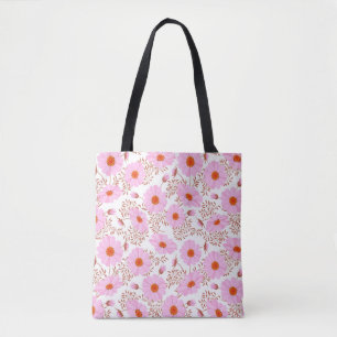 Sömlös rosa daisy blomma vintage mönster på vit tygkasse