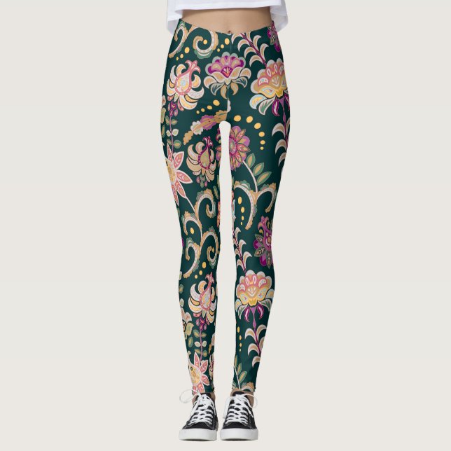 Sömlös Rosa Mörk Blommigt - bakgrund Leggings (Framsida)