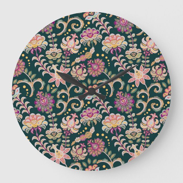 Sömlös Rosa Mörk Blommigt - bakgrund Stor Klocka (Framsida)