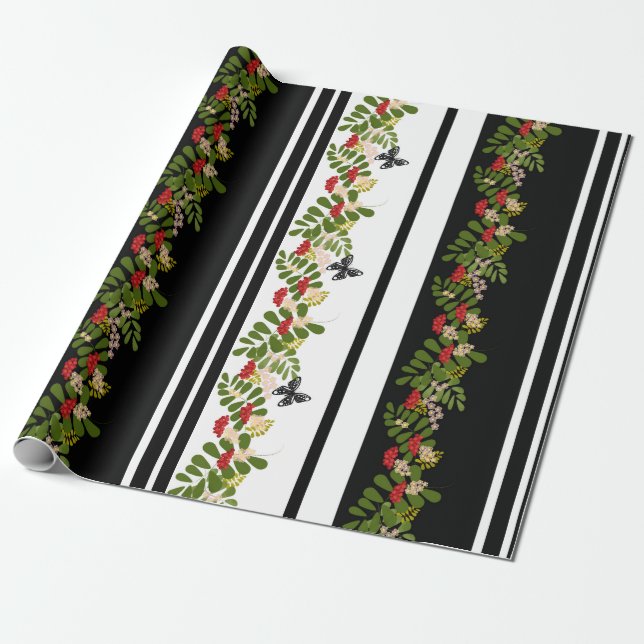 Sömlös rowanberbär, blommigt butterfly presentpapper (Utrullad)