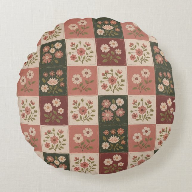 Sömlös rustik blomsterpatchwork rund kudde (Framsidan)