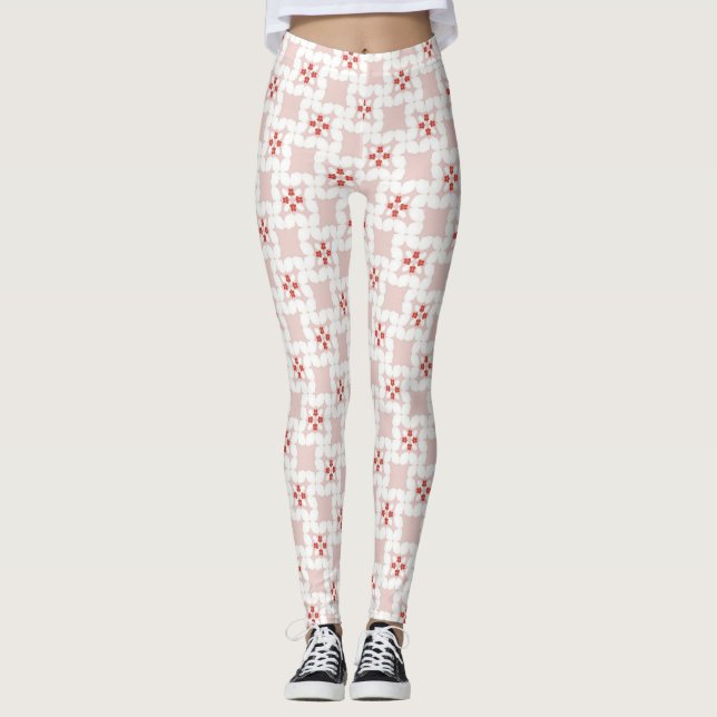 Sömlös söt pastellrosa och vit geometrisk blomma leggings (Framsida)