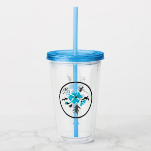 Sömlös, söt tecknad abstrakt blåblomma blommigt take away mugg