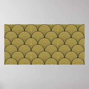 Sömlös svart och guld japansk art deco blomstermön poster