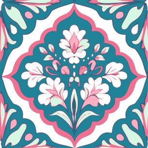 Sömlös Teal Mint Rosa and White Flowers Blommigt Kakelplatta