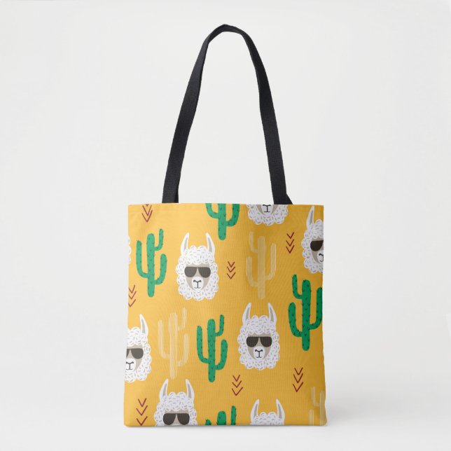 Sömlös tecknad llama och cactus mönster i brigh tygkasse (Framsida)
