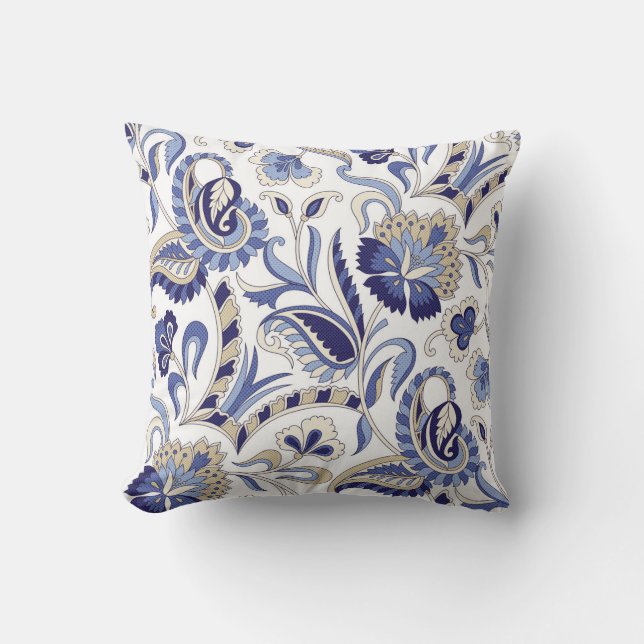 Sömlös, traditionell indianblåpaisley-patternpa kudde (Framsida)