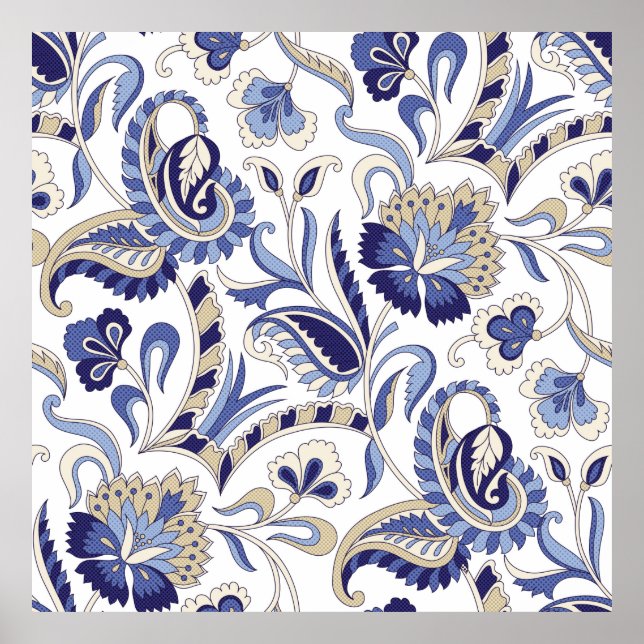 Sömlös, traditionell indianblåpaisley-patternpa poster (Framsidan)